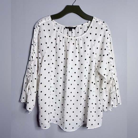 Zac & Rachel Tops - #5)  Zac & Rachel White Blouse with Black Polka Dots & Button detail sleeve